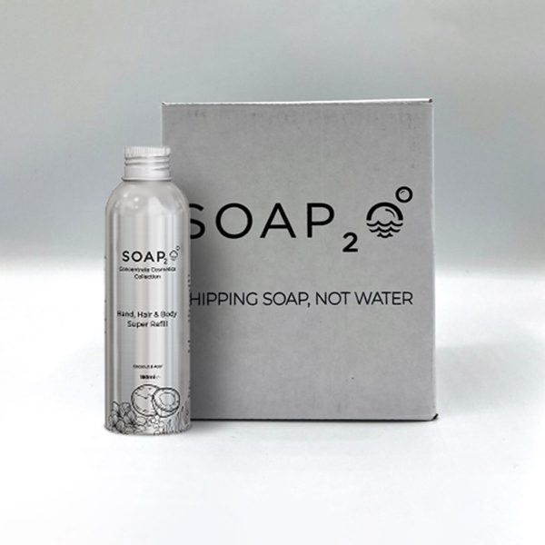 SOAP2O Gel Hair, Hand & Body Soap - Pk á 4 stk 150ml flasker (16 L gelsåpe)